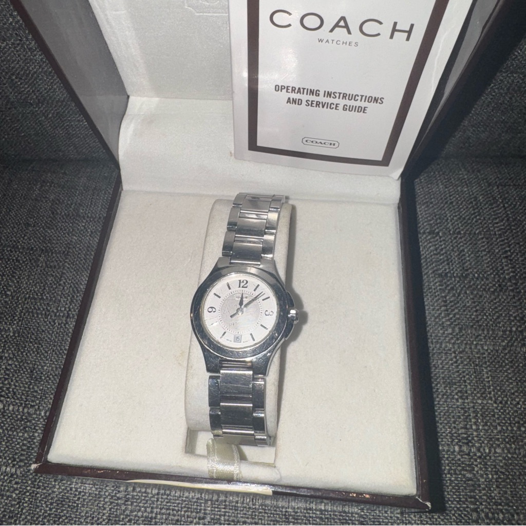 Vtg Coach Womens Stainless Steel Quartz Watch White Dial Date Preowned WBox